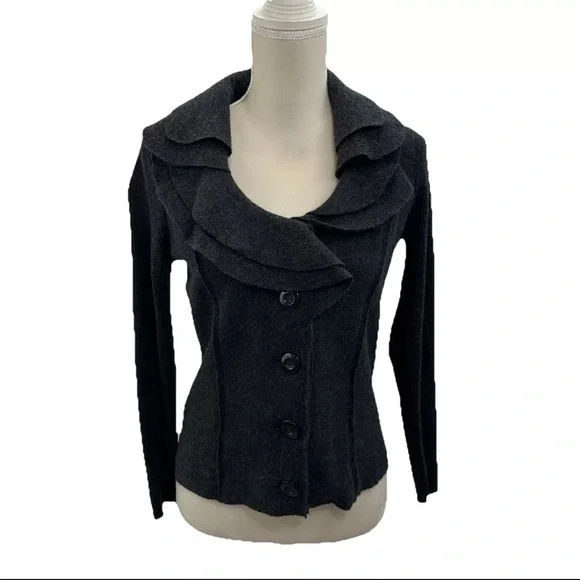 Alfani 100% Wool Black Jacket Triple Layer Collar Button Up Petite Small EUC