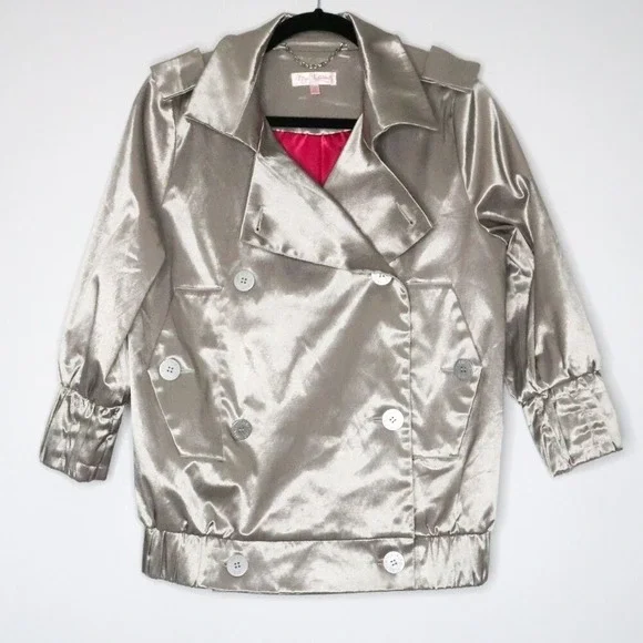 Kira Plastinina Womens Blazer‎ Jacket Size M Silver Coat Satin 90s Metallic