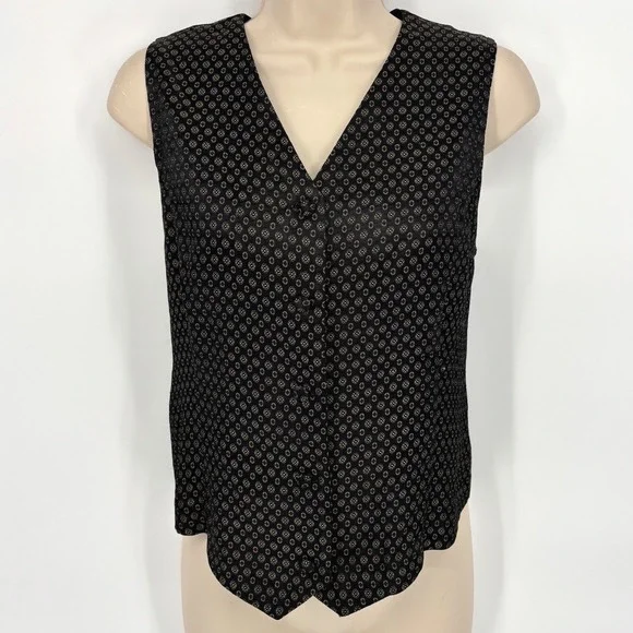 Worthington Vintage Black Medallion Print Button Front Vest Women Medium