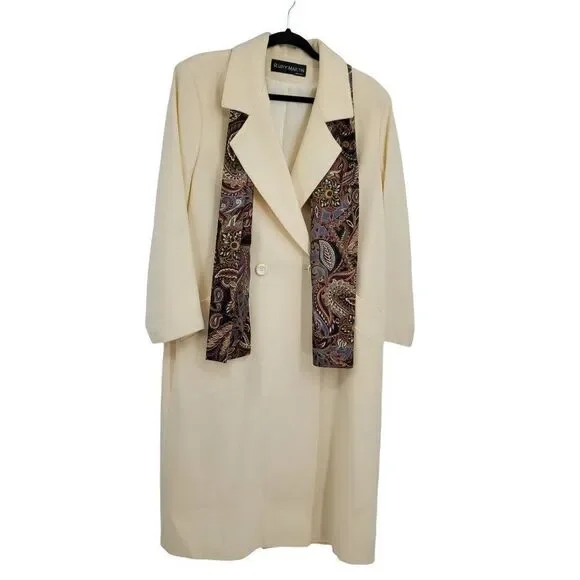 Vintage Wool Coat Long Double Breasted Trench Notched Lapel Vanilla Sz 12‎
