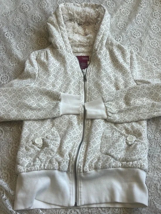 Vanity Cream and Beige Patterned Sherpa Zip Hoodie