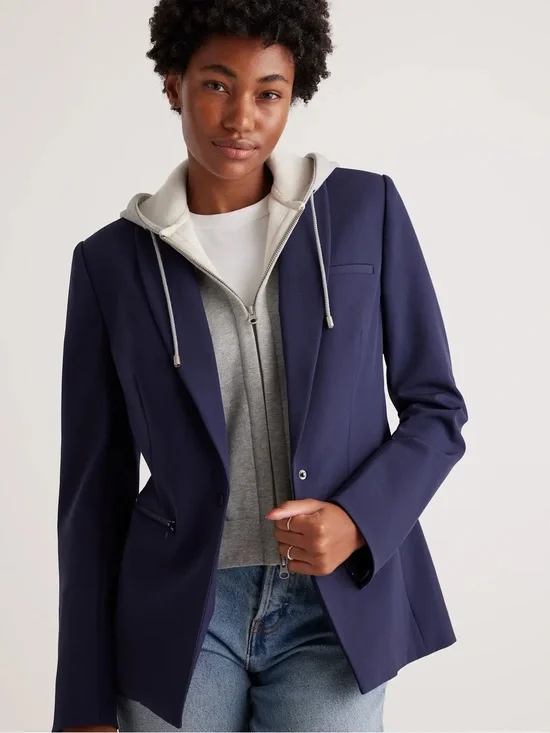 Quince Scuba Single Breasted Convertible Blazer & Hoodie Insert Navy Small NWT
