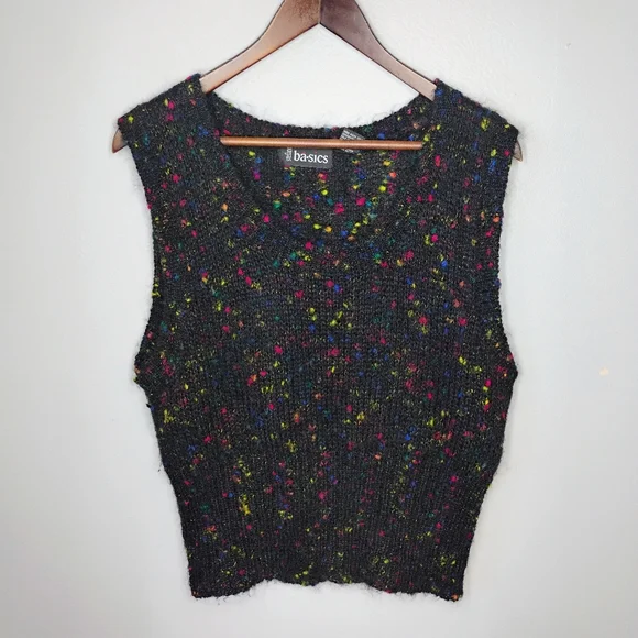 Vintage 90s Stefano Basics Mohair Sweater Vest Black Rainbow Confetti Knit Large