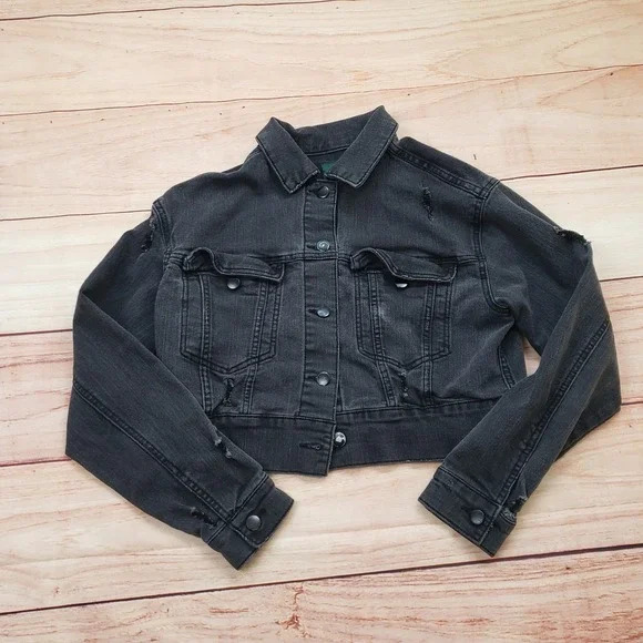 Wild Fable Black Denim Jacket XS Cropped‎ Distressed Long Sleeve Button Up