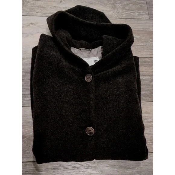 VINTAGE LL BEAN HOODED COAT WOMEN'S SIZE LARGE BROWN WOOL BLEND/FLEECE/LINED