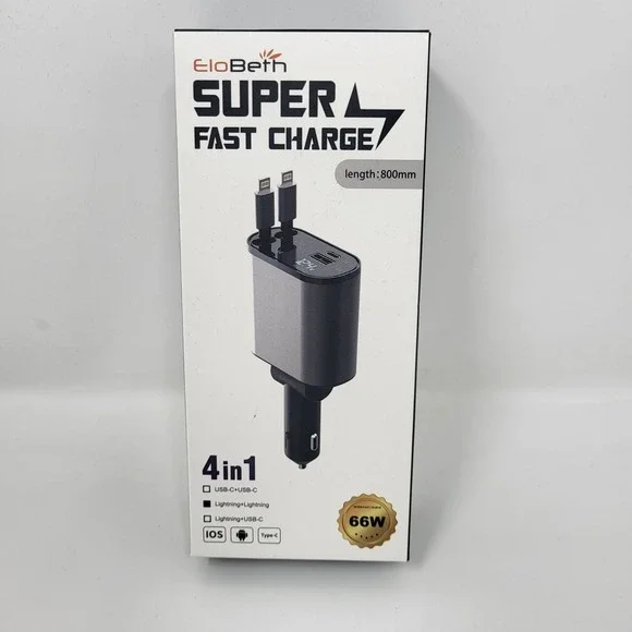 Elobeth Super Fast Charge 4-in-1 retractable car‎ charger