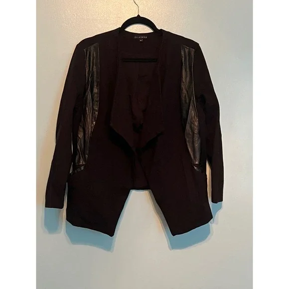 Quiet Luxury Draped Open Jacket Ellerman Black Faux Leather Trim 14