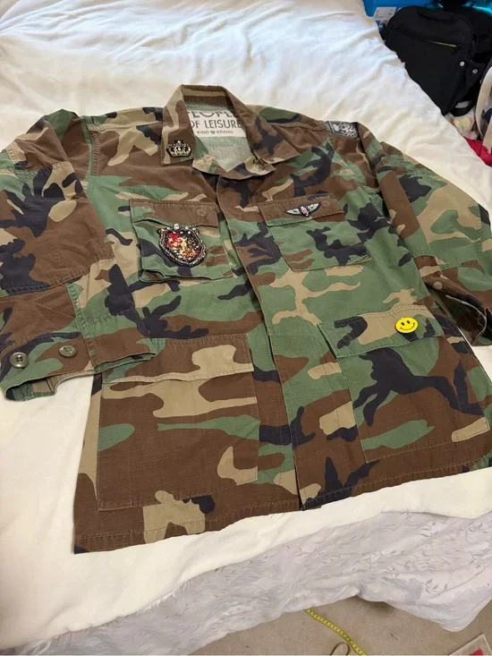 People of Leisure Pink Floyd Upcycled  Camo Utility Jacket with Badges S/M/L