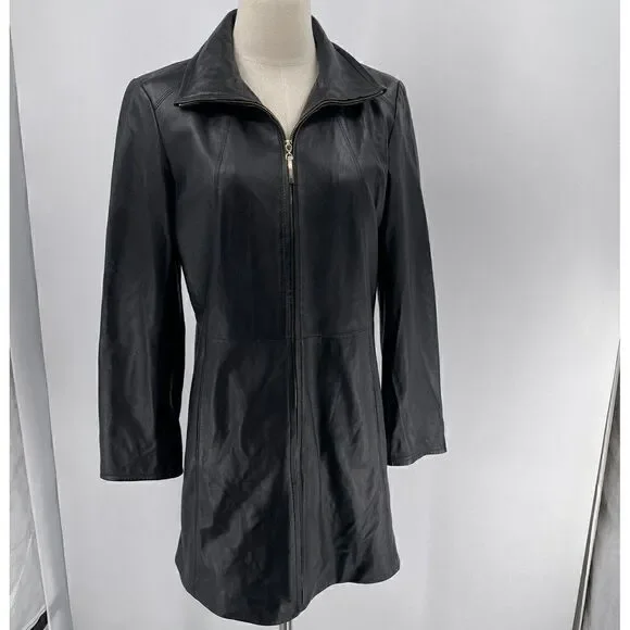 Ellen Tracy Women's Soft Black Leather Jacket Medium Long Full Zip