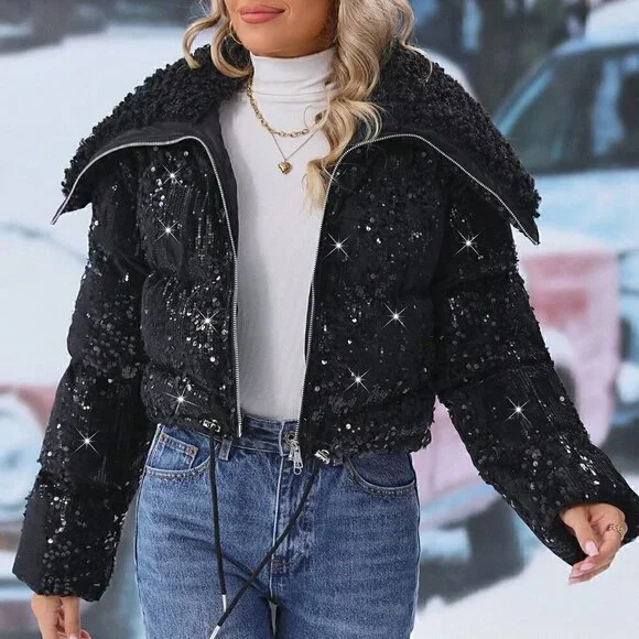Black Preppy Drawstring Hem Drawstring Hem Zipper Hooded Sequin Puffer Coat