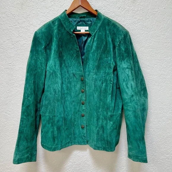 Coldwater‎ Creek Emerald Green Suede Leather Jacket XL Ornate Buttons Boho