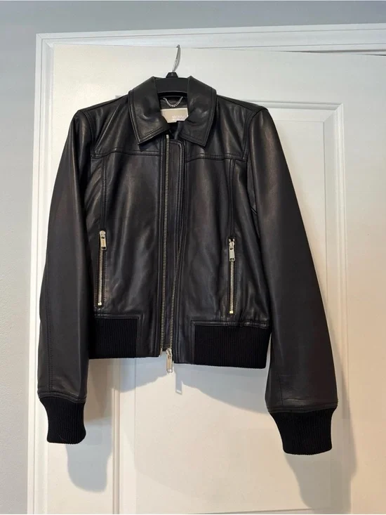 Michael Kors Black Leather Bomber Jacket with Ribbed Hem