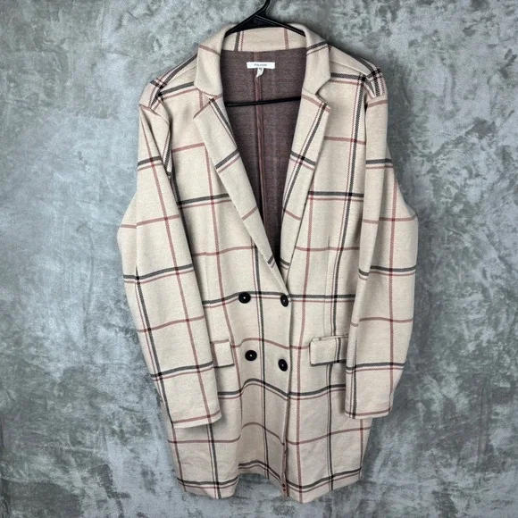 Beige Plaid Long Coat Womens Large Preppy Old Money Double Breasted‎ Jacket Chic