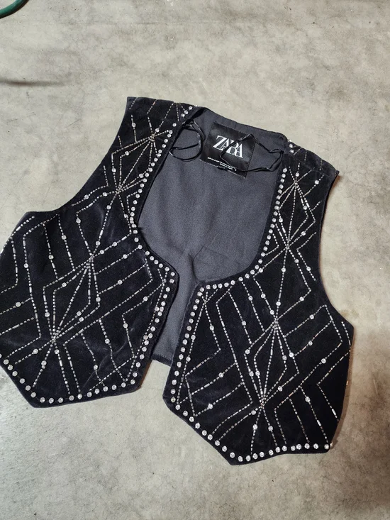 Zara Black Embellished Velvet Vest