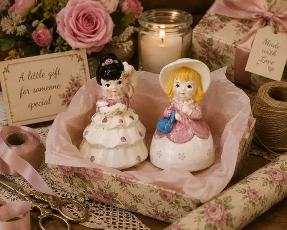 Vintage Storybook Girl Salt & Pepper Shakers Ceramic Pair Pink Mid Century