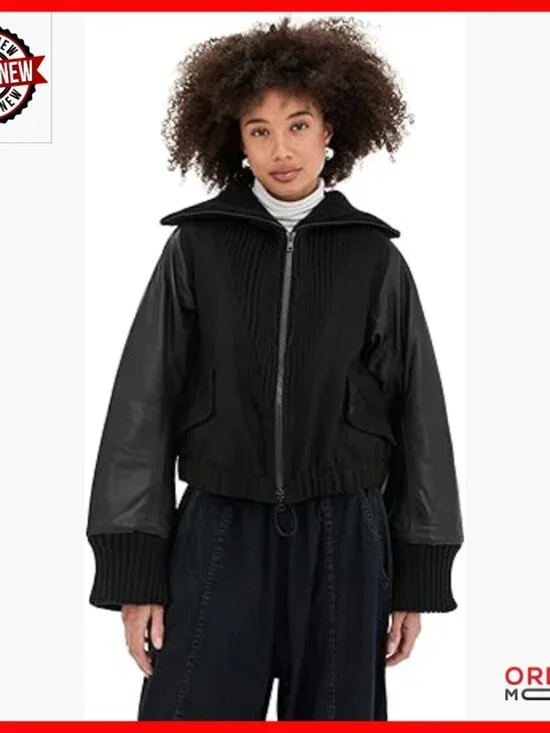 Mid-Weight Felted Wool Casual Jacket with Leather Sleeves, Ribbed Edges