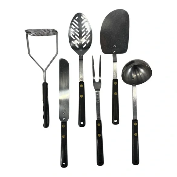Vintage Bi-Cor Cooking Utensils Stainless Steel USA Black Handle Spatula Spoon