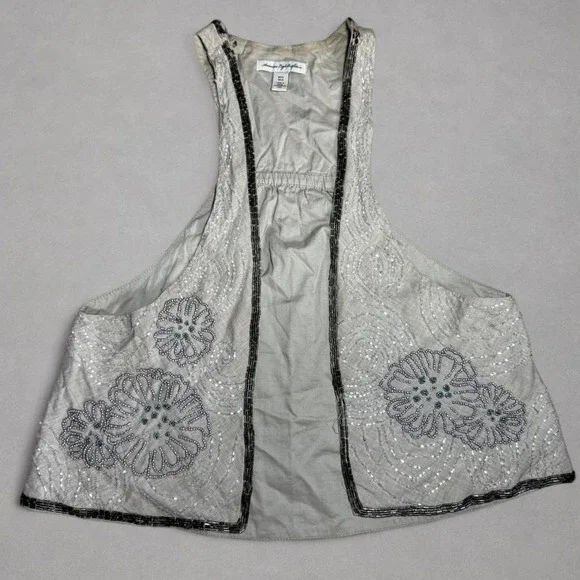 American Eagle Beaded Embroidered Boho Open Front Vest XS/S