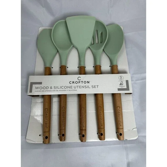 Crofton Wood & Silicone Utensil Set 5-Piece Green Spoon, Turner, Spatula