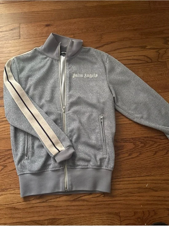 Palm Angels Silver Glitter and Cream Stripe Track Jacket