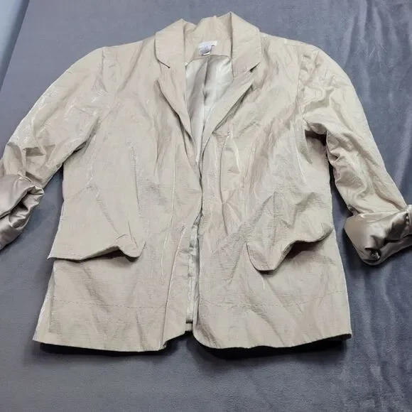 Chicos Beige Crinkle Blazer Womens Size 2 Cotton Blend With Polyester Lining Lig