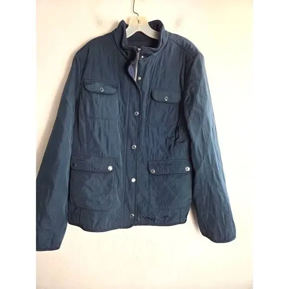 Talbots Blue Green Quilted Multi Pocket Full Zipper Snap Button Jacket size XL