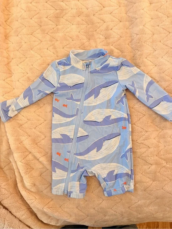 Carters Baby Shark-Print Zip Front Swimsuit - Light Blue