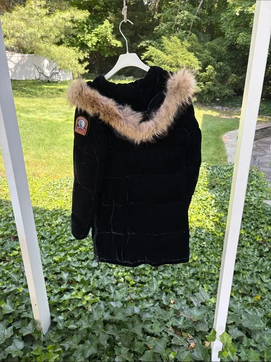 Parajumpers Warm Velvet Down Black Hooded Puffer Coat with Fur Trim