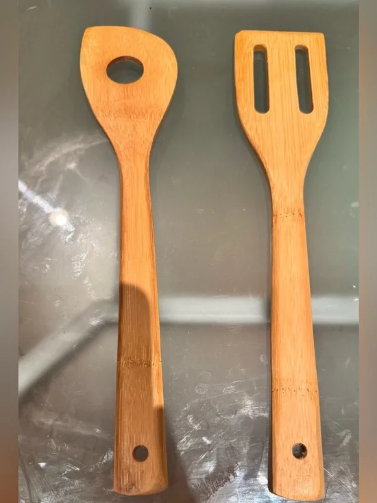 Bamboo Kitchen Utensil Set of two - Natural Brown Wooden Serving Spoons