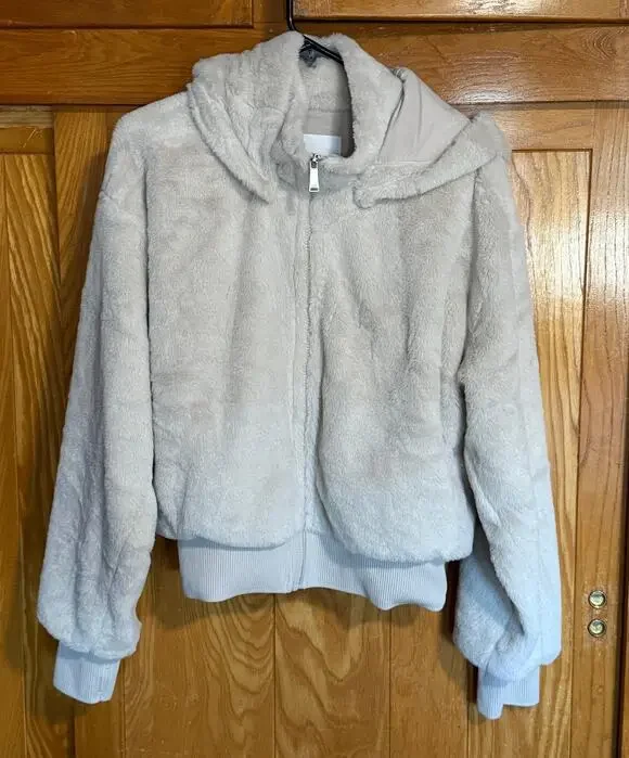DKNY Sport Faux Fur Cream Hooded Bomber Jacket - Size XL