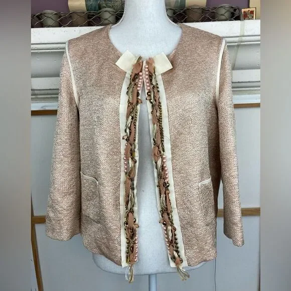 Seventy Florence Italy ladylike chic blazer w/ ribbon bow, pearls, and chains