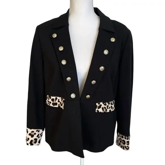 Chico's Jacket Women's 2P Large Petite Black Leopard Trim Military Open Lined