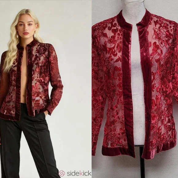 Chico's 90s Vintage Red Burnout Velvet Floral Sheer Mesh Open Front Cardi Jacket