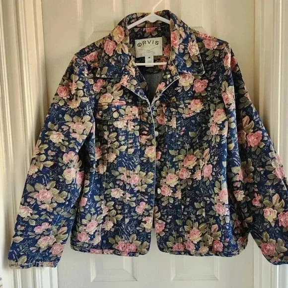 Orvis Floral Jacket‎ Womens Size M Button Front Long Sleeve Collared Coat