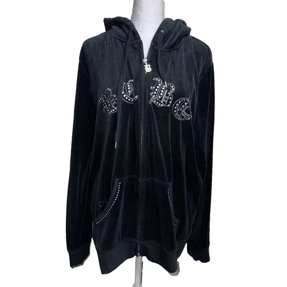BCBG‎ Max Azria Black Velour Hoodie Rhinestone Bling Y2K McBling Glam 3X