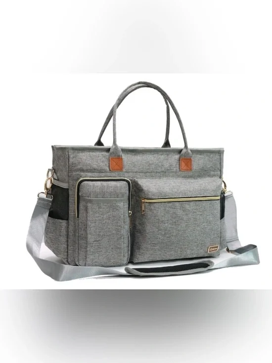 Rabjen Gray Multifunction Tote, Diaper Bag, Laptop, Shoulder Strap, Fits 15.6”