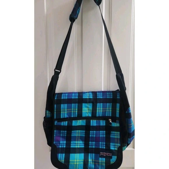 JanSport TB500313 TNXO Messenger Bag Cross Bag Teal Black Plaid Multiple Pockets