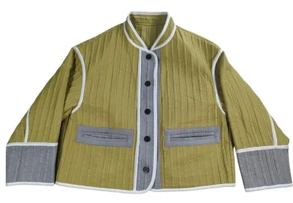 Quilted Colorblock Jacket Womens Olive Gray White Trim Boxy Cropped Coat