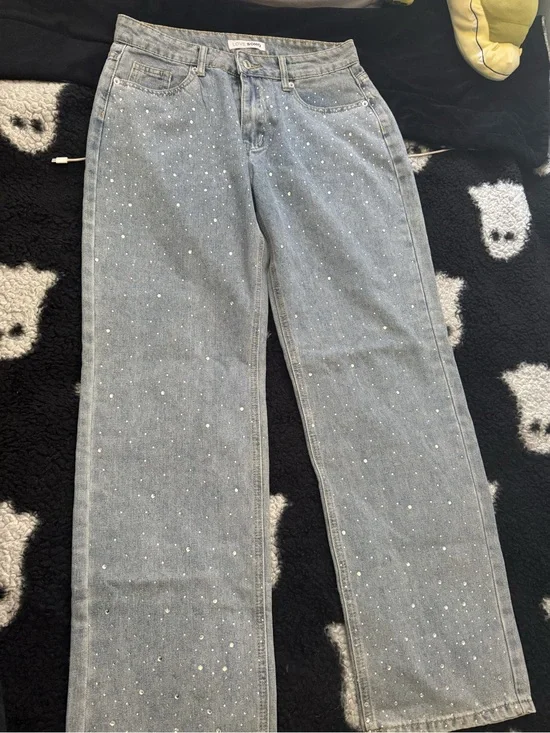 LoveShackFancy Light Blue Pearl-Studded Straight-Leg Jeans