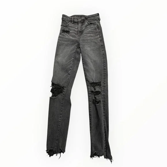 American Eagle Jegging Crop Womens 0 Black Next Level Stretch Distressed Raw Hem