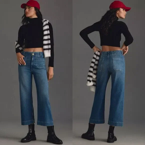 Anthropolgie Pilcro NWT The Skipper Cropped High-Rise Wide-Leg Jeans Med Blue 29