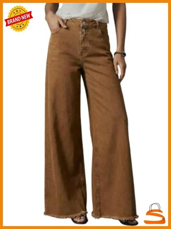 High Waisted Wide Leg Stretchy Raw Hem Denim Jeans