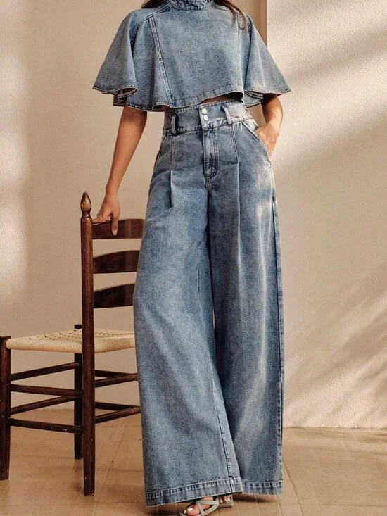 Blue Casual Women's Denim High Waist Wide Leg Pants & Short Sleeve Cape Set