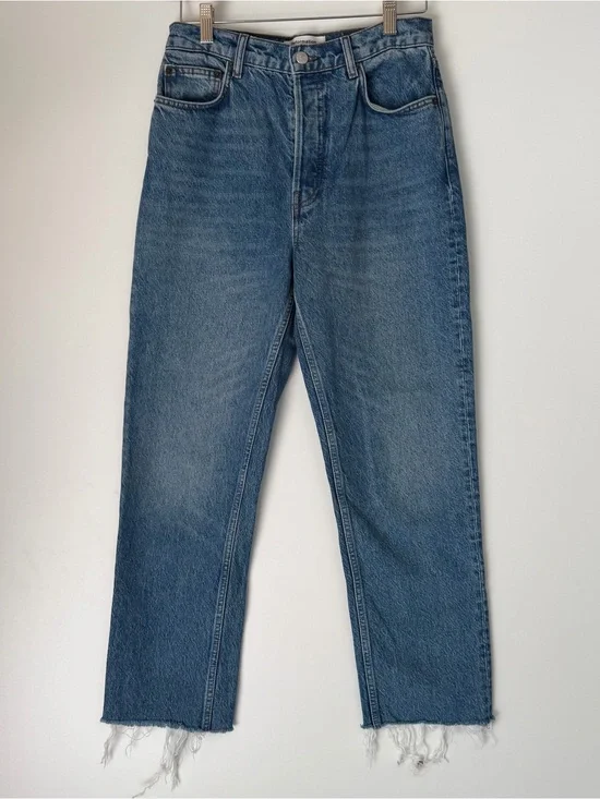 Reformation Women's High Rise Raw Frayed hem Straight Blue Jeans