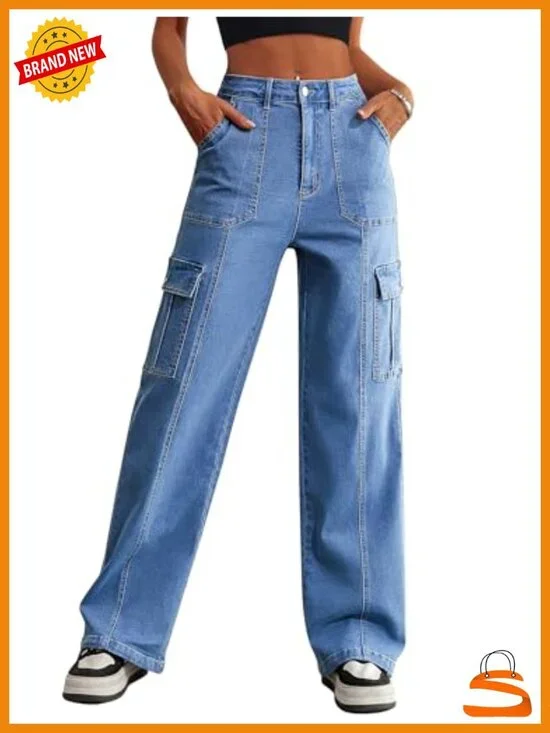 Wide Leg Cargo Jeans with 6 Pockets High Waisted Ankle Cuffs Stretch Cotton