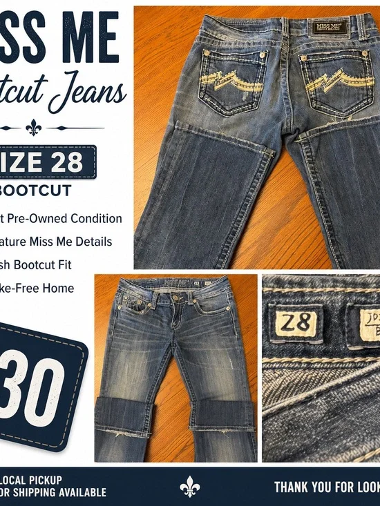 Miss Me Bootcut Jeans - Faded Blue Denim with Cream Stitching