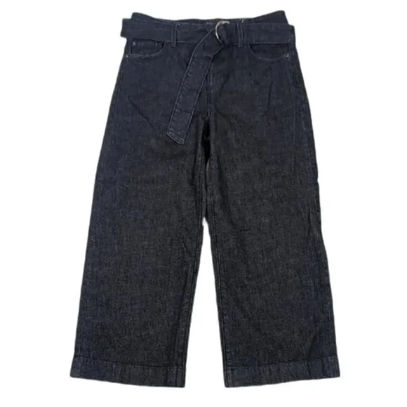 Ann Taylor Wide Leg Denim Trousers Cropped Belted Jeans Womens Size 0