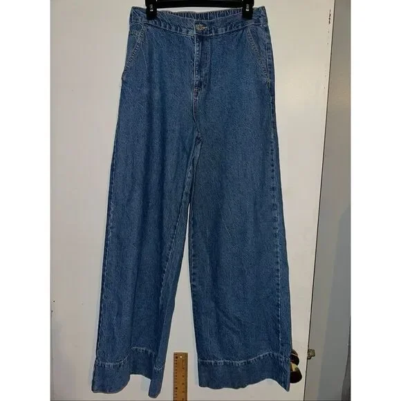 Primark High Rise Wide Leg Baggy Jeans elastic waist size 6 denim
