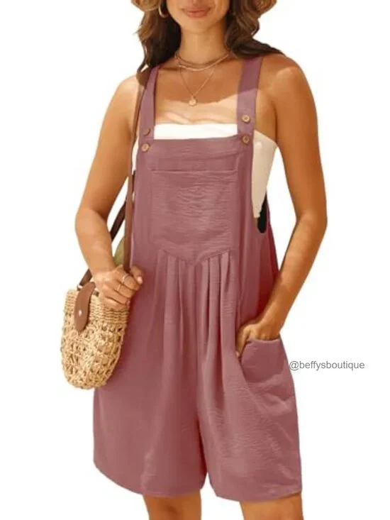 Sleeveless Adjustable Overalls Romper with Pockets Summer Casual