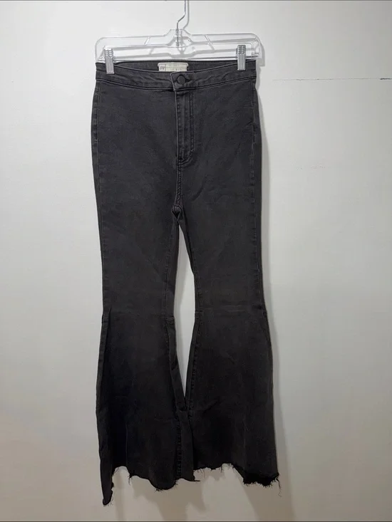 Free People Womens High Rise Wide Leg Black Denim 27R Flare Bell Bottom Grunge